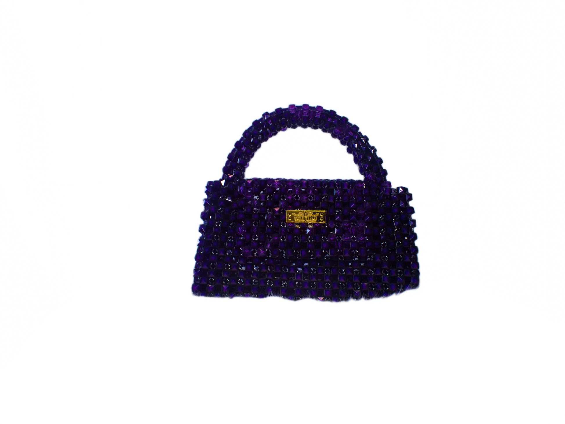 Purple handbag with a gold clasp on a white background